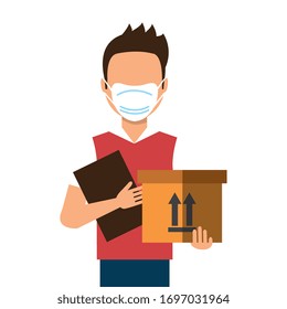 delivery worker using face mask with box carton and clipboard vector illustration design