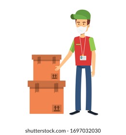 delivery worker using face mask with boxes carton vector illustration design