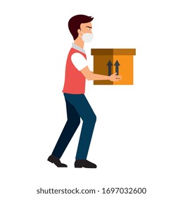 delivery worker using face mask with box carton vector illustration design