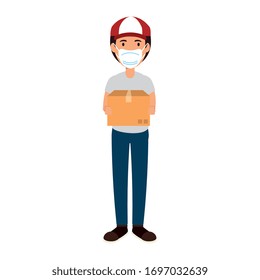 delivery worker using face mask with box carton vector illustration design