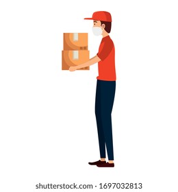 delivery worker using face mask with boxes carton vector illustration design