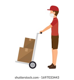 delivery worker using face mask with boxes carton in wheelbarrow vector illustration design
