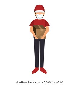delivery worker using face mask with box carton vector illustration design