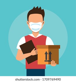 delivery worker using face mask with box carton vector illustration design