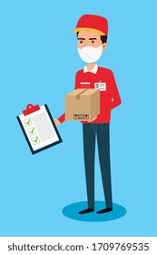 delivery worker using face mask with box carton and clipboard vector illustration design