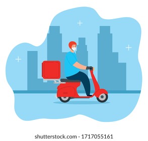 delivery worker using face mask in motorcycle vector illustration design