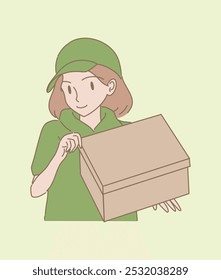 Delivery worker wearing cap,  holding cardboard. Delivery service worker lifting box. Hand drawn flat cartoon character vector illustration. 