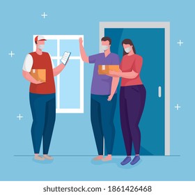 delivery worker wearing medical mask with couple clients characters vector illustration design