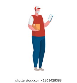 delivery worker wearing medical mask lifting box and checklist vector illustration design