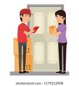 delivery worker with woman receiving in door