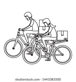 delivery workers in bicycles transport with boxes