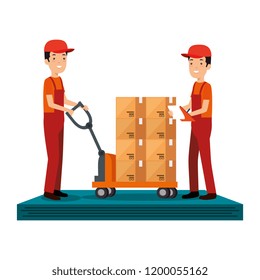 delivery workers with boxes in cart