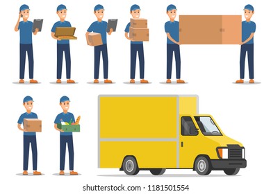 Delivery workers with boxes and truck. Vector illustration