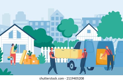 Delivery workers carrying furniture to house. Woman moving to new home, relocation. Carriers shipping shelf from van. Movers unloading cardboard boxes, logistics and shipping concept vector