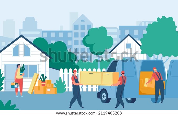 Delivery workers carrying furniture to house.\
Woman moving to new home, relocation. Carriers shipping shelf from\
van. Movers unloading cardboard boxes, logistics and shipping\
concept vector