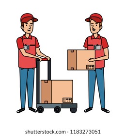 delivery workers with cart and boxes