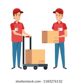 delivery workers with cart and boxes