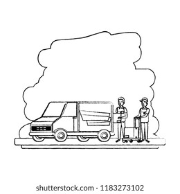 delivery workers with cart and van