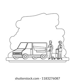 delivery workers with cart and van