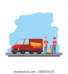 delivery workers with cart and van
