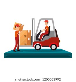 delivery workers driving forklift with boxes
