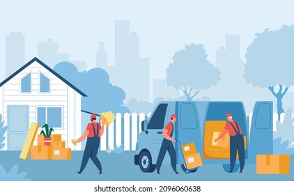 Delivery workers help to move in new house. Vector transportation move and relocation with cardboard, deliver service illustration