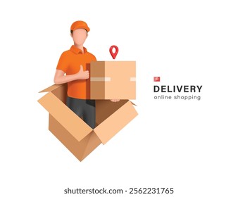 Delivery workers in orange uniforms carry cardboard boxes or parcel box to deliver goods to customers according to marked 
pin map location, vector 3d isolated for delivery advertising design