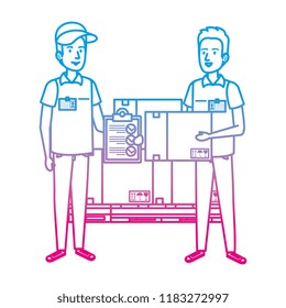 delivery workers with pile boxes and checklist