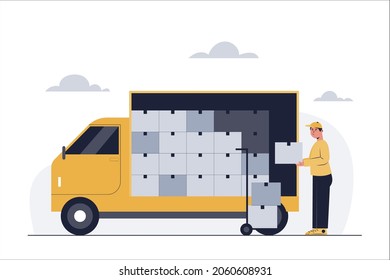 Delivery workers are placing products inside the trucks for delivery to the ordering company.