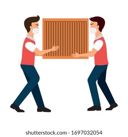 delivery workers using face mask with wooden box vector illustration design