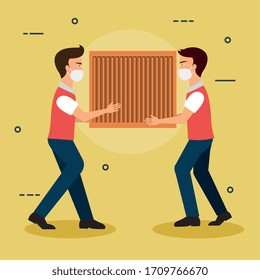 delivery workers using face mask with wooden box vector illustration design