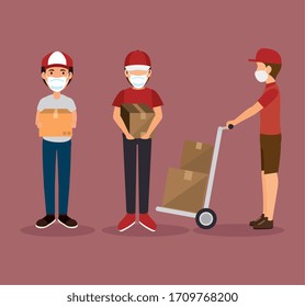 delivery workers using face mask with boxes carton vector illustration design