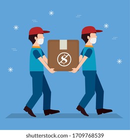 delivery workers using face mask with box carton vector illustration design