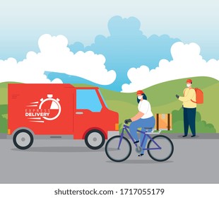 Lieferer mit Gesichtsmaske und Vektorillustration-Design für Lastwagen