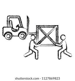 delivery workers with wooden boxes and forklift