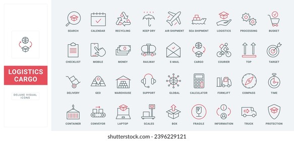 Delivery and worldwide logistics thin black and red line icons set vector illustration. Outline warehouse insurance, support and search service, truck and forklift, sea and air shipment of containers