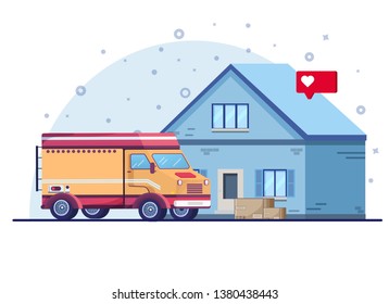 Delivery yellow  cargo truck on house background, box with order goods to the door. Сartoon style flat vector illustration.