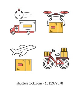 Delivery yellow color icons set. Shipping service. Drone, plane, bicycle delivery. Logistics and distribution. Postal service. Isolated vector illustrations