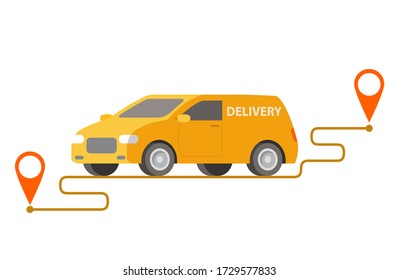 Delivery yellow hatchback carrying parcels on points.Vector illustration.Cargo car.Isolated on a white background.Vehicle front view.  Vehicle side view.