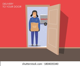Delivery to you door. Courier handing food package on doorway. Open door. Winter vector illustration