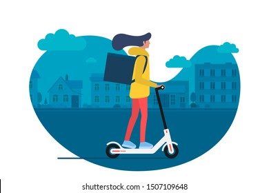 Delivery young female courier riding electric kick scooter with package product box. Fast shipping service concept on city street. Vector illustration active hipster adult millennial on cityscape