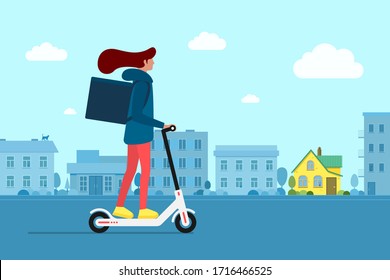 Delivery young female courier riding electric scooter with package product box. Fast shipping service concept on city street. Vector logistic illustration active hipster adult millennial on cityscape