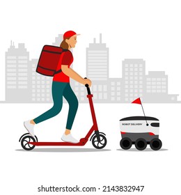 Delivery young female courier riding scooter with package product box and a delivery robot in the city. Hand drawn vector illustration