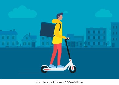 Delivery young male courier riding electric scooter with package product box. Fast shipping service concept on city street. Vector illustration on cityscape