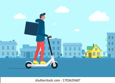 Entrega de un joven mensajero varón montando una moto eléctrica con una caja de producto empaquetada. Concepto de servicio de envío rápido en la calle de la ciudad. Vector ilustración logística activa hipster adulto milenio en el paisaje urbano