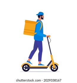 Delivery young man courier riding electric scooter with yellow package product box. Fast shipping service concept on city street. Vector illustration in flat style