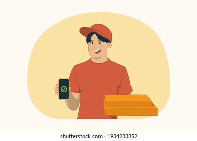 Delivery young man giving food order pizza boxes concept