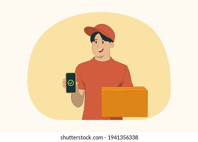 Delivery Young Man Hold Cardboard Box Concept