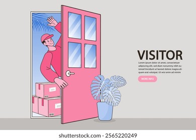 Deliveryman behind the door. Door to door car delivery by courier. delivering food behind them. food delivery service. Internet e-commerce. Flat Style Vector Illustration.