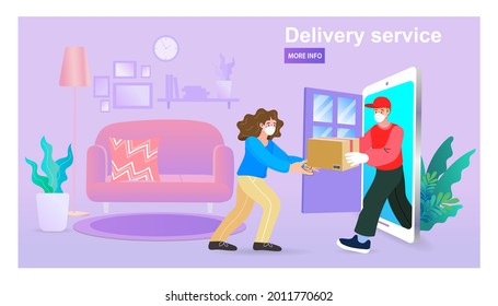 Deliveryman behind the door with a face mask living a box behind the door for virus protection. Shopping online concept. Express delivery. E-commerce. quick shipping a parcel around city by staff.